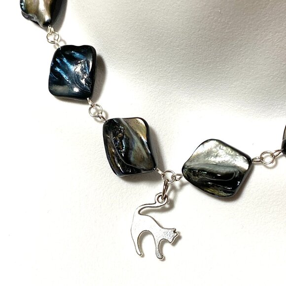 Blue Irregular Mother of Pearl Shell Necklace + Cute Slim Cat Pendant - Picture 1 of 13